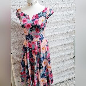 Hell Bunny fit and flare Swing Midi dress, Womens Sz S, A-line, Tropical Print,